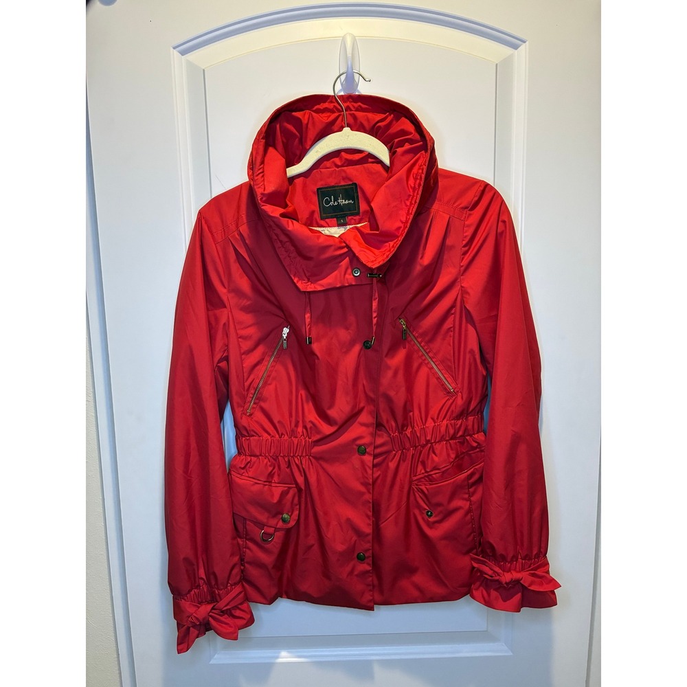 Cole Haan Womens Red Hooded Windbreaker Bow Cuffs Rain Jacket Coat Size S